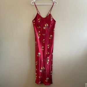 Vintage Say-Lu Creations Montreal Red Floral Satin Midi Slip w Criss Cross Back